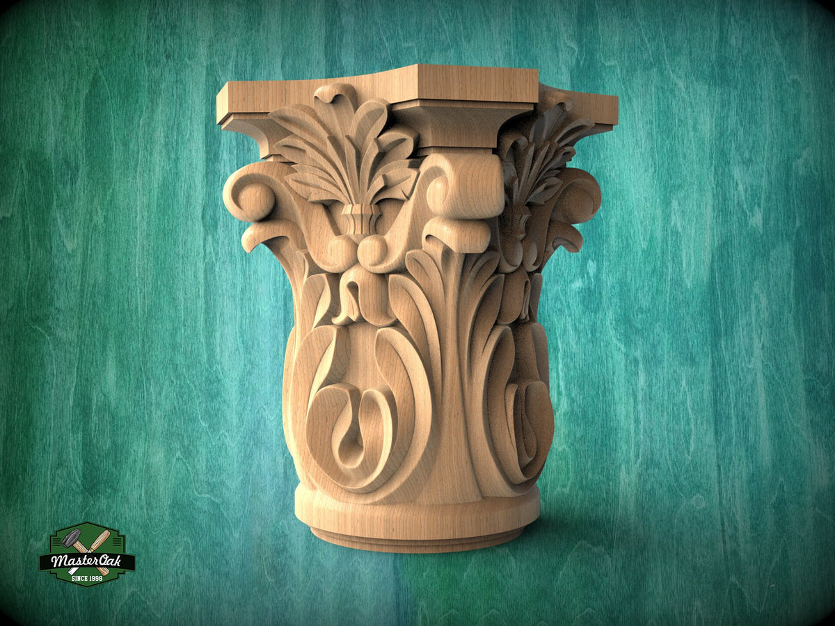 Ionic capital base decor, Acanthus applique, Unpainted, Decorative Carved Wooden Capital, wood onlays, wood wall art decor