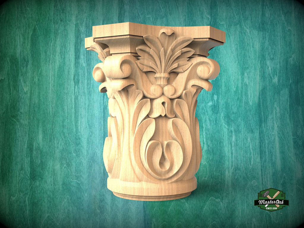 Ionic capital base decor, Acanthus applique, Unpainted, Decorative Carved Wooden Capital, wood onlays, wood wall art decor