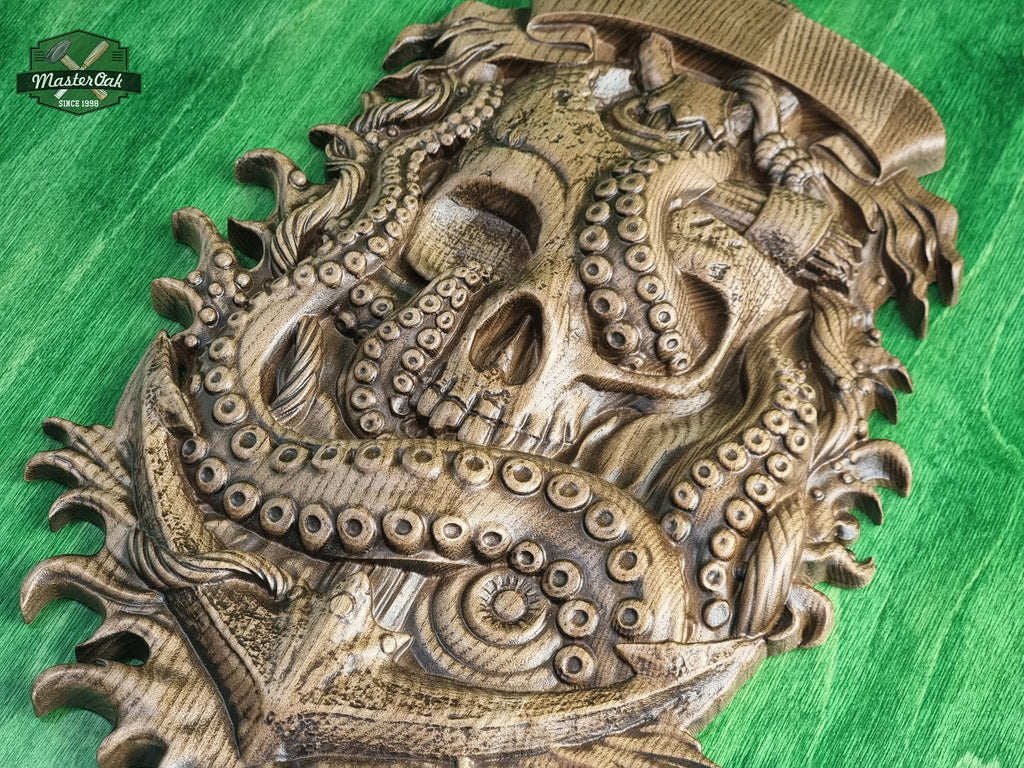 Skull and Octopus carved panel made of wood, wood wall art, carved skull of wood, wall decor carving, Santa Muerte, Dark Art