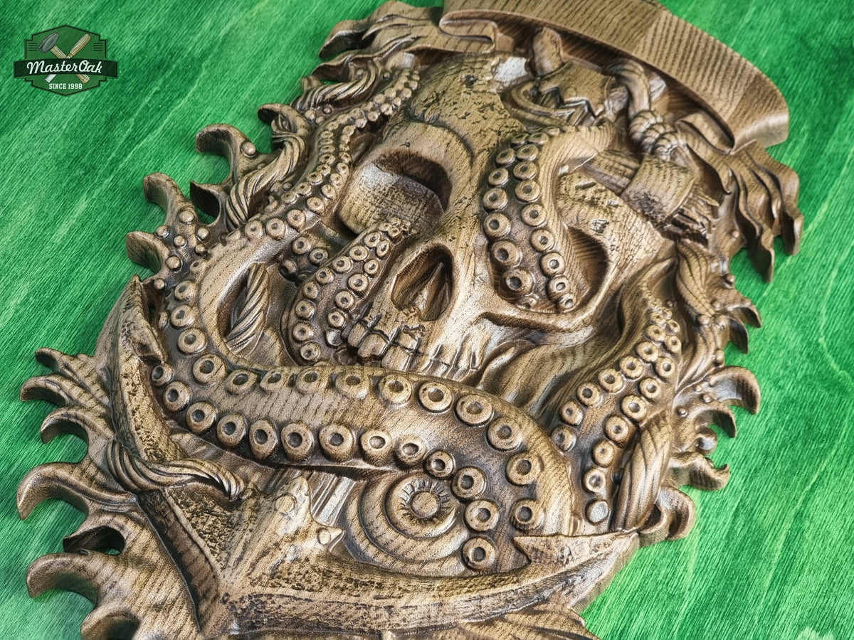 Skull and Octopus carved panel made of wood, wood wall art, carved skull of wood, wall decor carving, Santa Muerte, Dark Art
