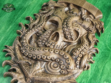 Load image into Gallery viewer, Skull and Octopus carved panel made of wood, wood wall art, carved skull of wood, wall decor carving, Santa Muerte, Dark Art
