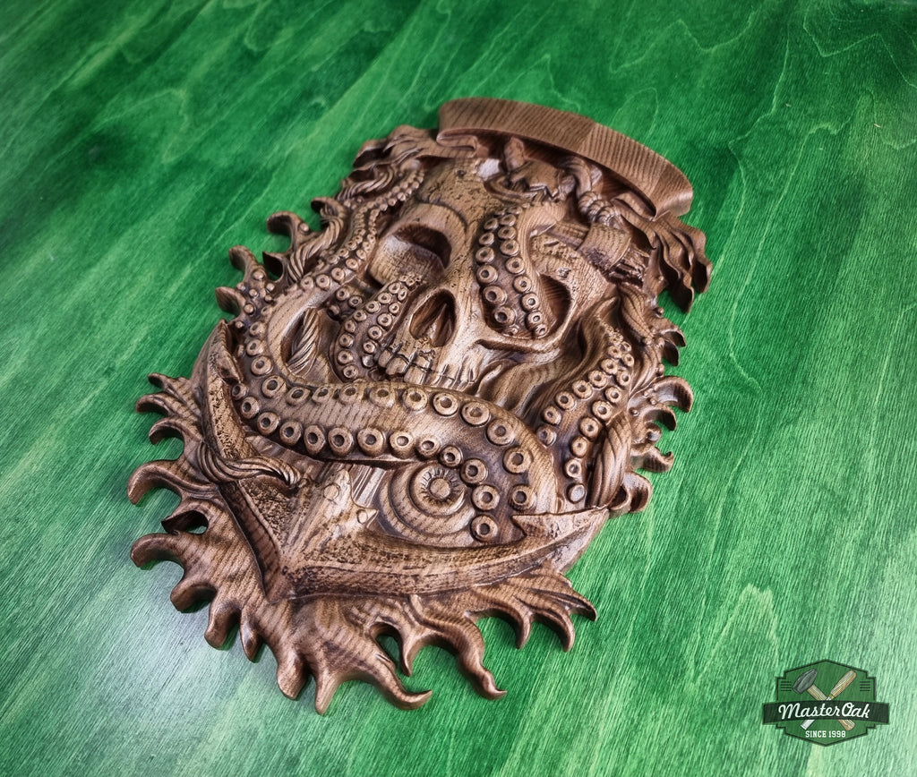 Skull and Octopus carved panel made of wood, wood wall art, carved skull of wood, wall decor carving, Santa Muerte, Dark Art