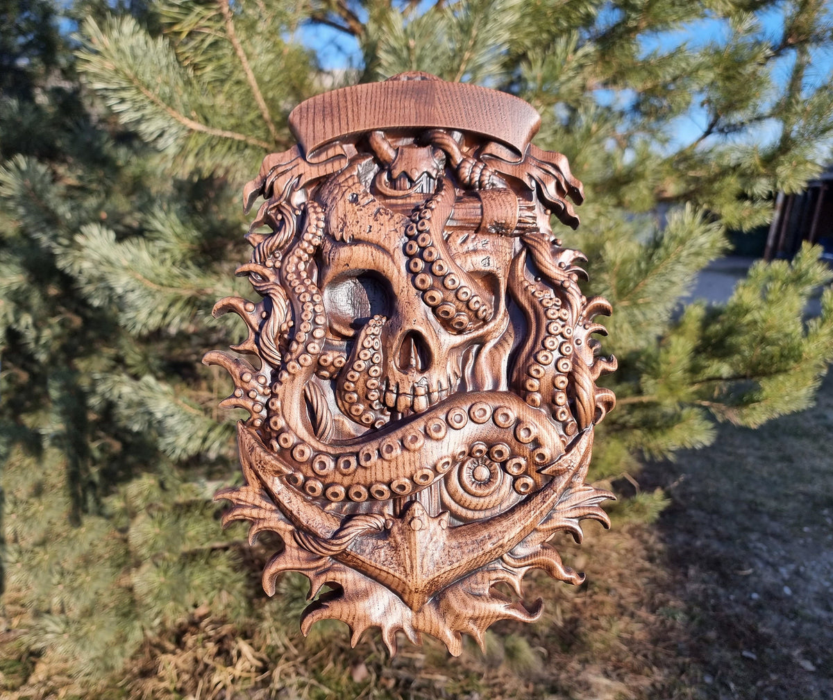 Skull and Octopus carved panel made of wood, wood wall art, carved skull of wood, wall decor carving, Santa Muerte, Dark Art