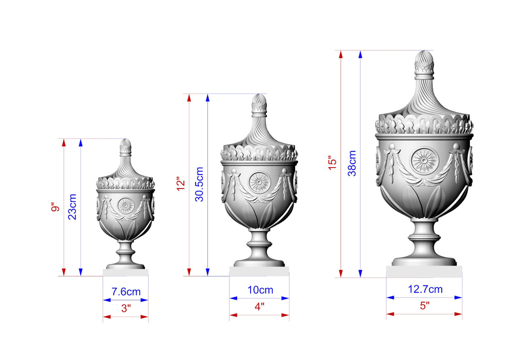 Stunning 18th Century English Urn in Wood, Carved Post Finials with square base, Staircase Newel Post Cap, Bed finials