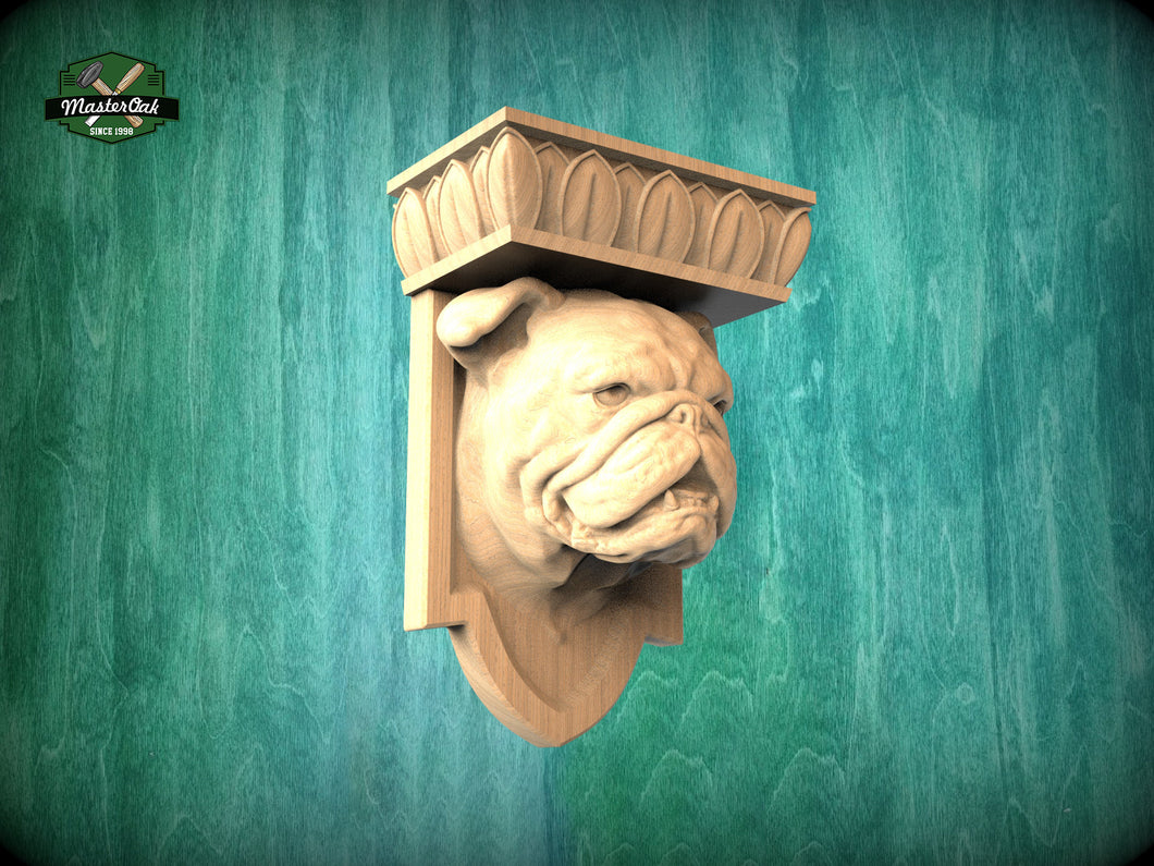 Bulldog Corbel made of wood, Unpainted, Bulldog bust Decorative Carved Wooden Corbel, Home Wall Embellishments