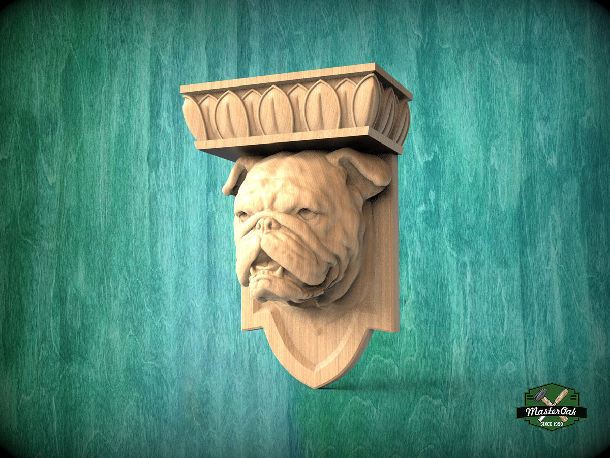 Bulldog Corbel made of wood, Unpainted, Bulldog bust Decorative Carved Wooden Corbel, Home Wall Embellishments