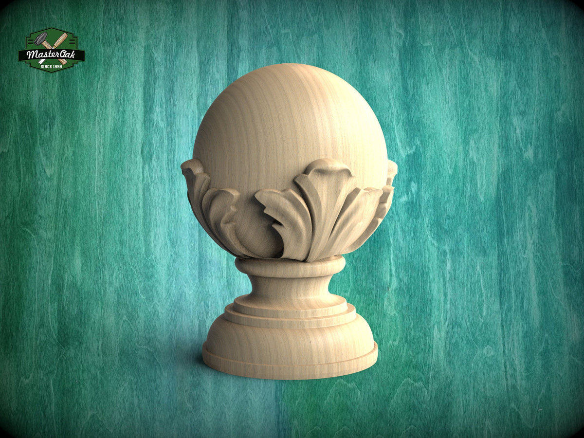 Round Newel Post Cap with acanthus leaves from solid wood, Staircase Newel Post Cap, Bed finials