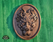 Load image into Gallery viewer, Daemon Face Carved o Wood, Demon mask for decoration, Devil Decor, Wooden Wall art
