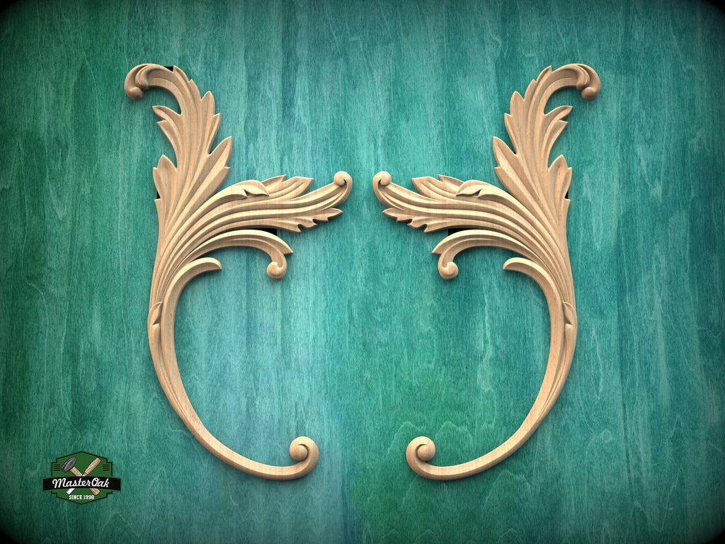 Acanthus Decorative Corner Onlays With Scrolls from wood, Set of 2pc, decorative wood trim