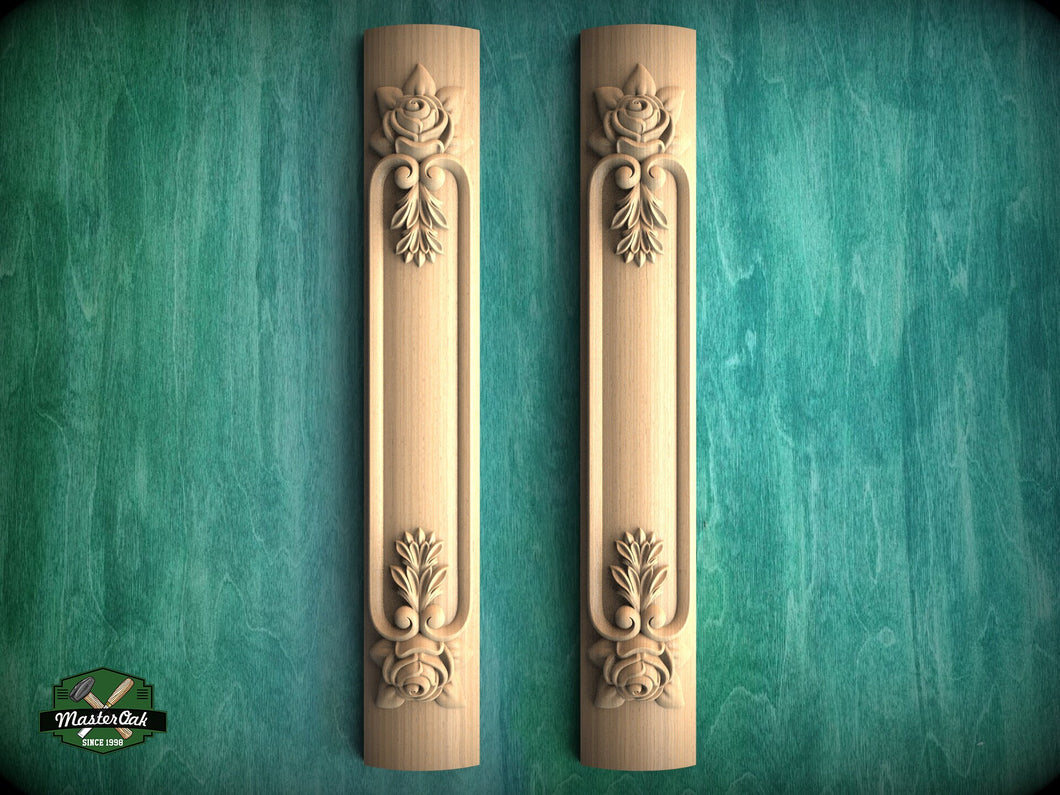 Handcrafted Carved floral style pilasters , Set 2pc, Pair of Carved Wood Trim Post Pillars