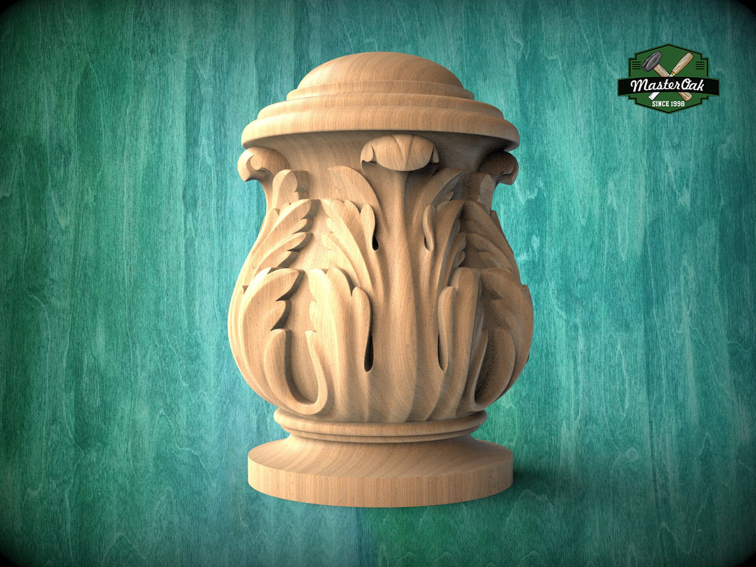 Decorative Wooden Newel Cap With Acanthus Leaves from solid wood, Staircase Newel Post Cap, Bed finials