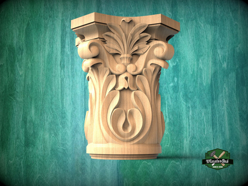 Ionic capital base decor, Acanthus applique, Unpainted, Decorative Carved Wooden Capital, wood onlays, wood wall art decor