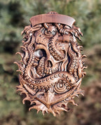 Skull and Octopus carved panel made of wood, wood wall art, carved skull of wood, wall decor carving, Santa Muerte, Dark Art