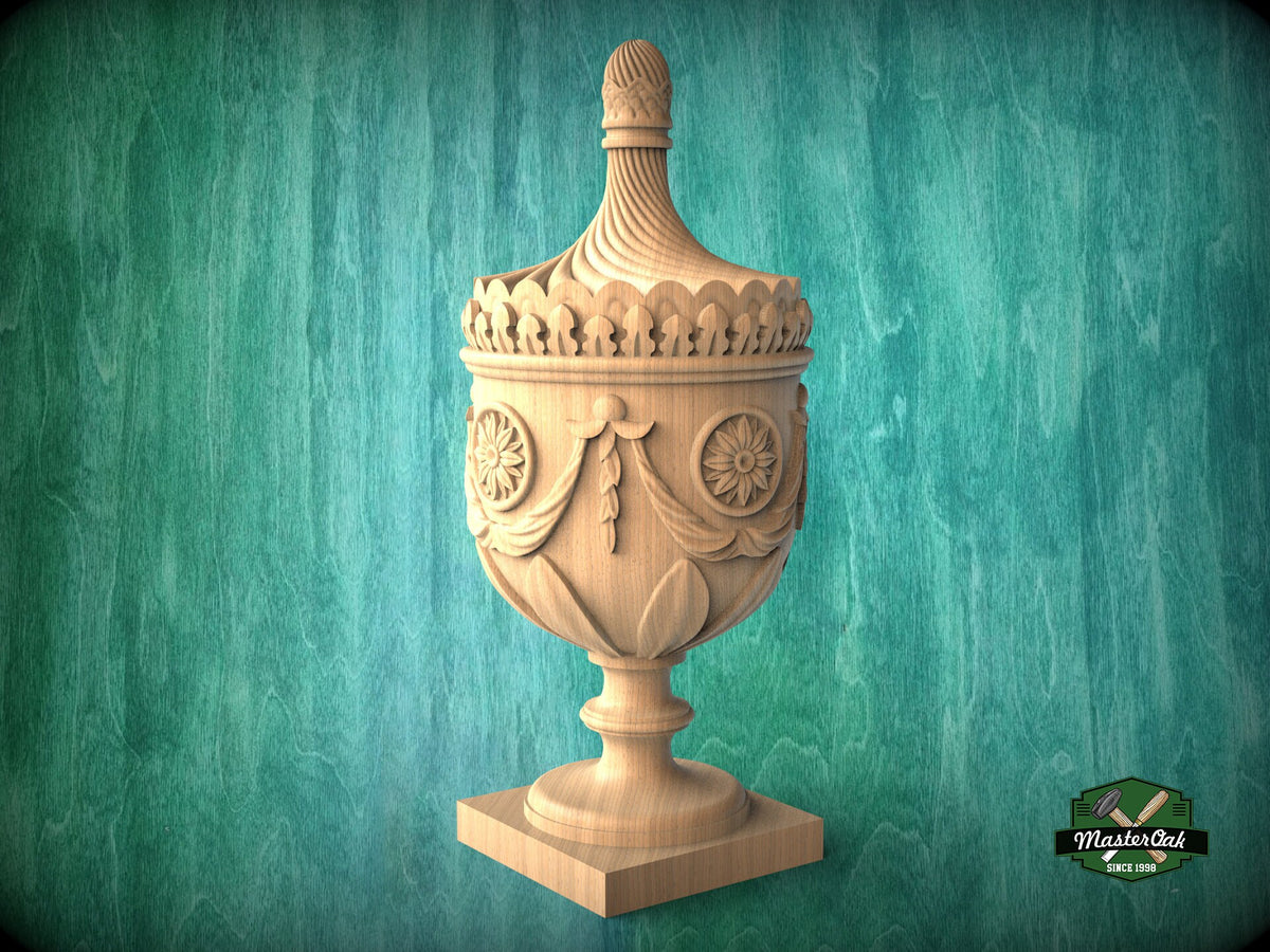 Stunning 18th Century English Urn in Wood, Carved Post Finials with square base, Staircase Newel Post Cap, Bed finials