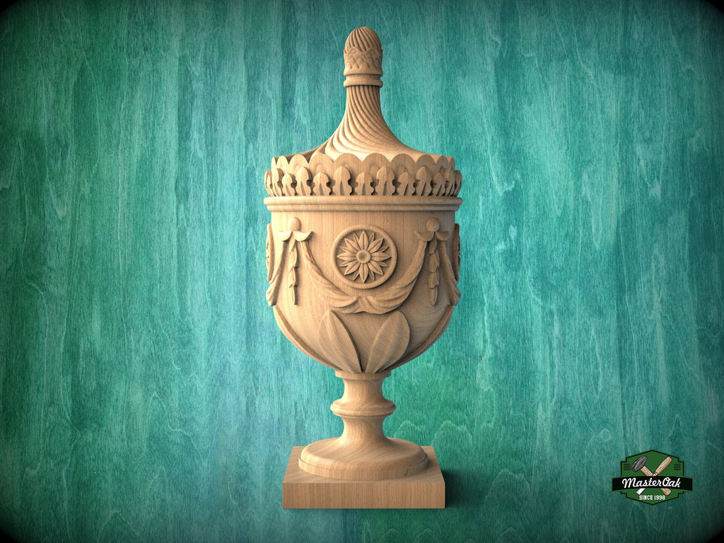 Stunning 18th Century English Urn in Wood, Carved Post Finials with square base, Staircase Newel Post Cap, Bed finials
