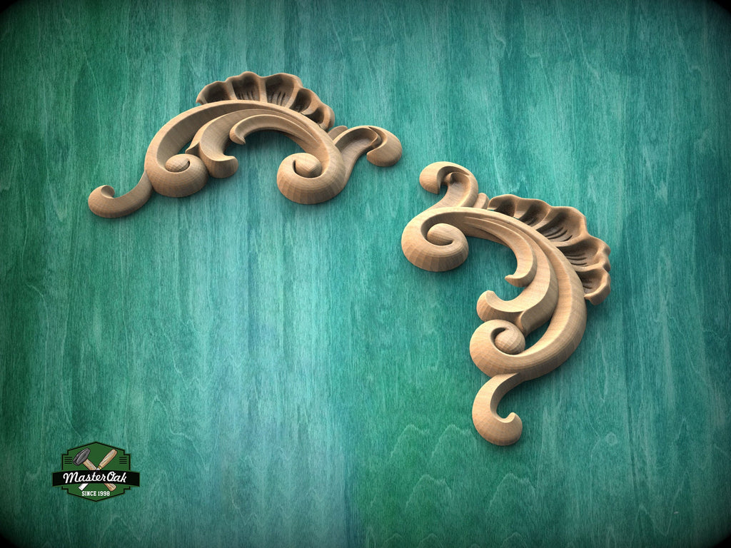Pair of Decorative wood Baroque corners applique, Set of 2pc, decorative wood trim
