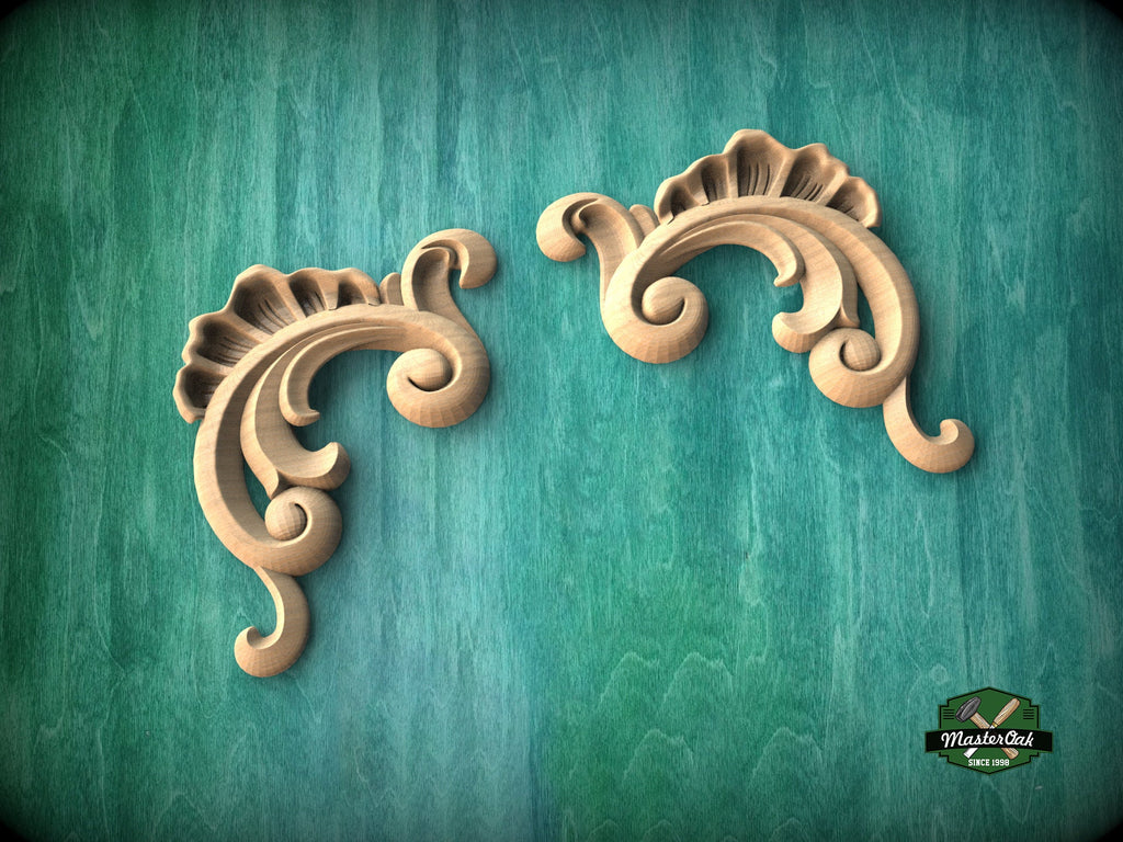 Pair of Decorative wood Baroque corners applique, Set of 2pc, decorative wood trim