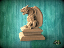 Load image into Gallery viewer, Gargoyle wooden statue, small Gothic Imp, Gargoyle finial bed post, Gargoyle statue of wood, Wooden Gargoyle statue cap
