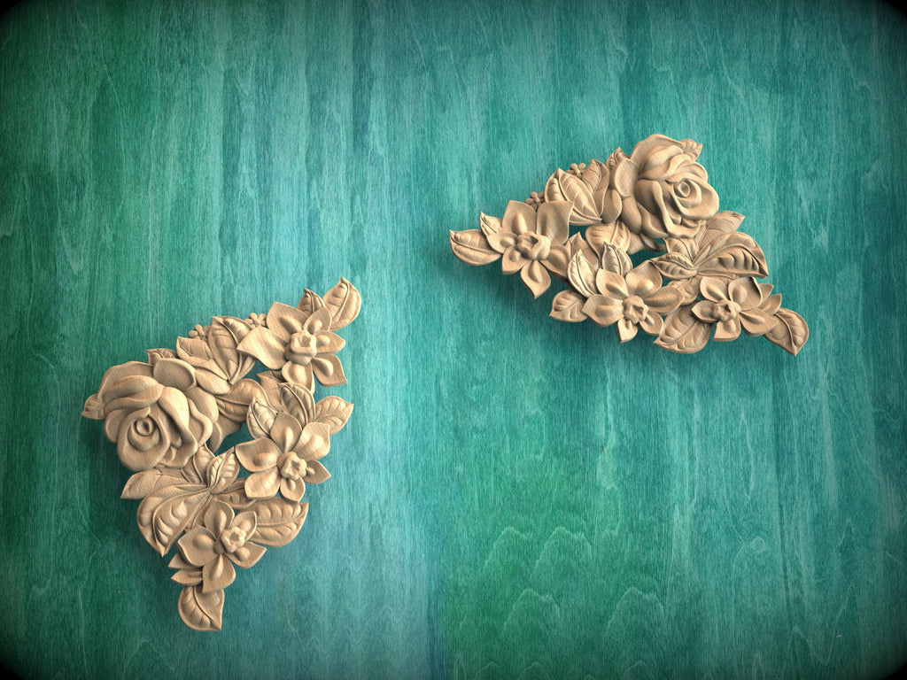 Flower  style hardwood corner Onlays, Set of 2pc, decorative wood trim