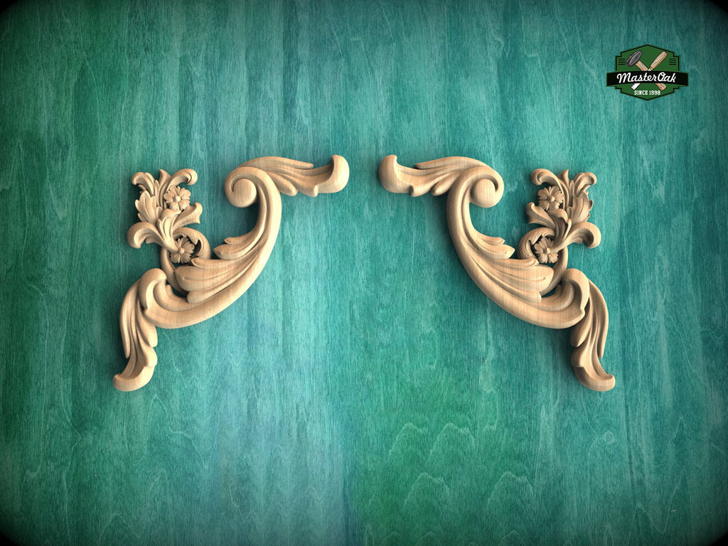 Flower hardwood corner Onlays, Set of 2pc, decorative wood, Classical-style hardwood acanthus cabinet onlays