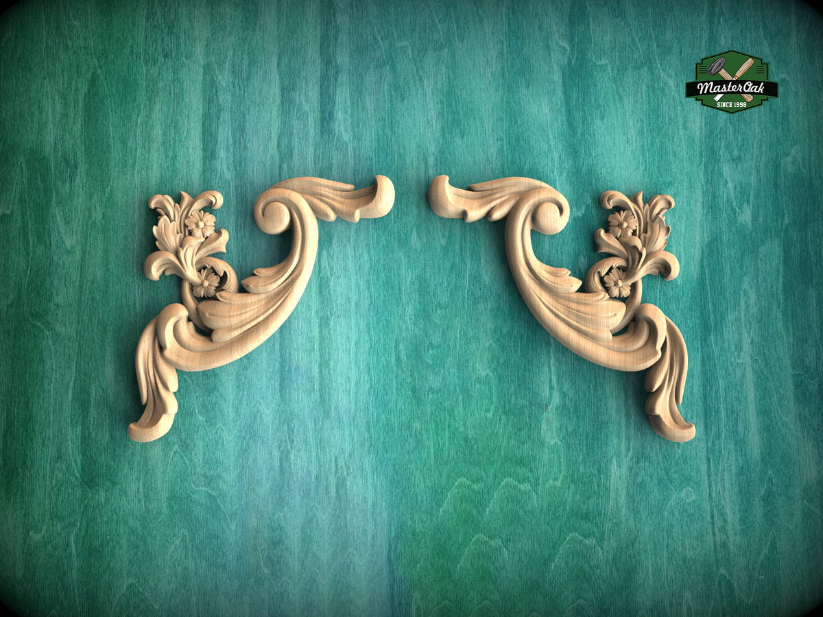 Flower hardwood corner Onlays, Set of 2pc, decorative wood, Classical-style hardwood acanthus cabinet onlays