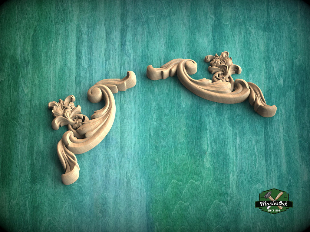 Flower hardwood corner Onlays, Set of 2pc, decorative wood, Classical-style hardwood acanthus cabinet onlays