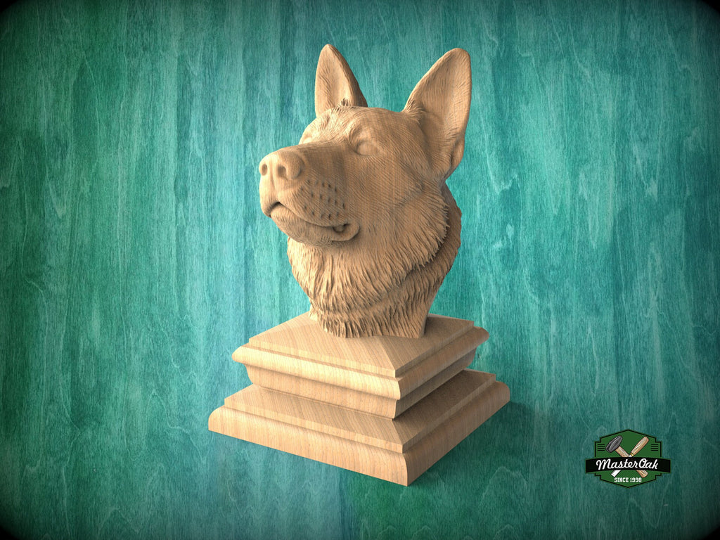 German Shepherd wooden statue, German Shepherd finial bed post, German Shepherd statue of wood, Wooden dog statue cap