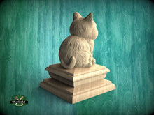 Load image into Gallery viewer, Kitty Statue made of wood, Kitten Wooden Finial for Staircase Newel Post, Cat finial bed post, Cat statue of wood
