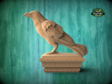 Load image into Gallery viewer, Raven Wooden Finial for Staircase Newel Post #1, Crow finial bed post, Corbie statue of wood, Decorative Newel Post Cap Bird Face
