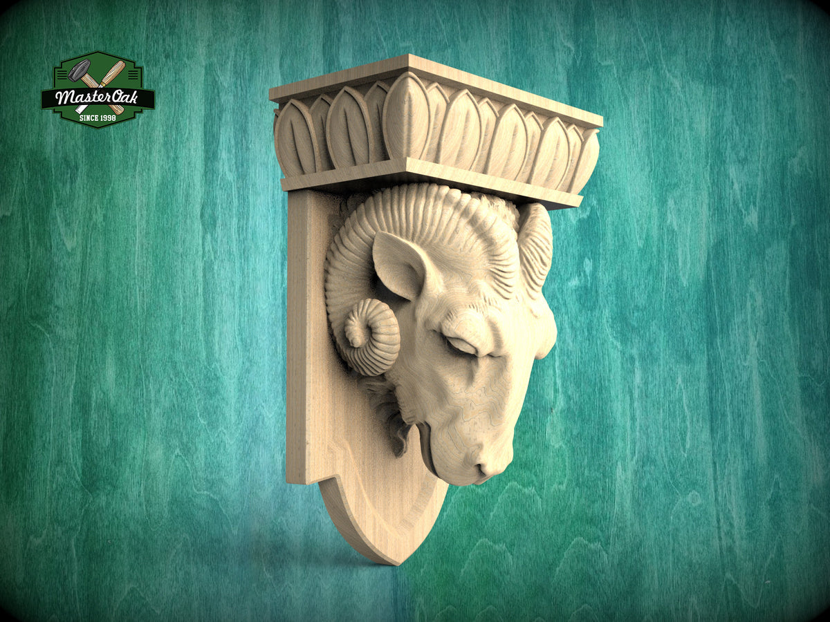 Ram Corbel made of wood, Unpainted, Ram bust Decorative Carved Wooden Corbel, Home Wall Embellishments