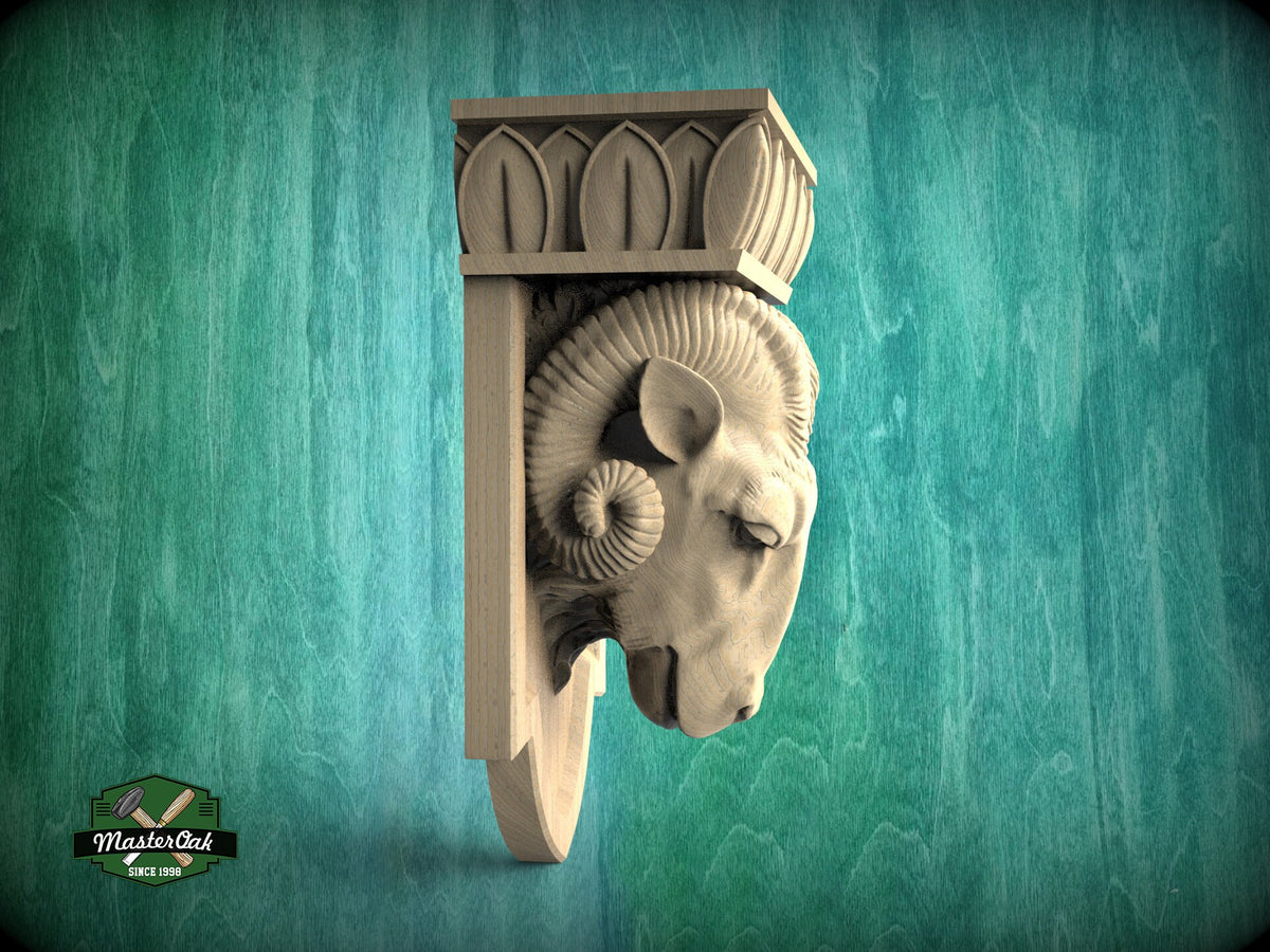 Ram Corbel made of wood, Unpainted, Ram bust Decorative Carved Wooden Corbel, Home Wall Embellishments