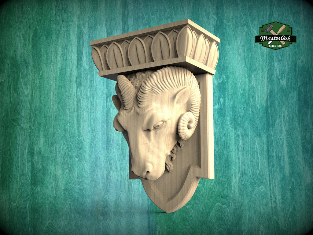 Ram Corbel made of wood, Unpainted, Ram bust Decorative Carved Wooden Corbel, Home Wall Embellishments