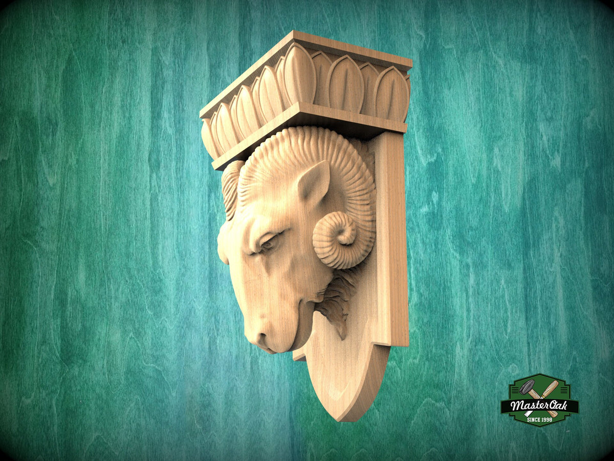 Ram Corbel made of wood, Unpainted, Ram bust Decorative Carved Wooden Corbel, Home Wall Embellishments