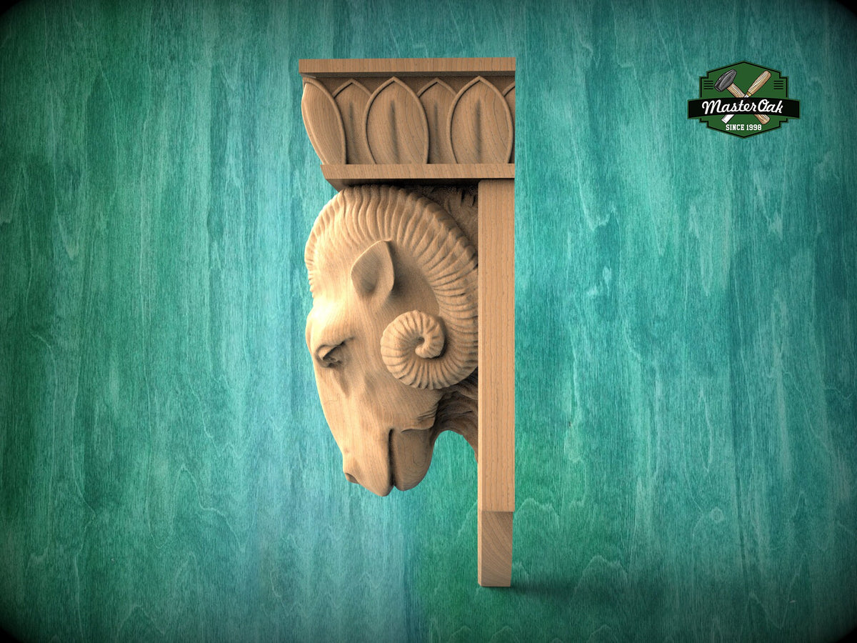 Ram Corbel made of wood, Unpainted, Ram bust Decorative Carved Wooden Corbel, Home Wall Embellishments