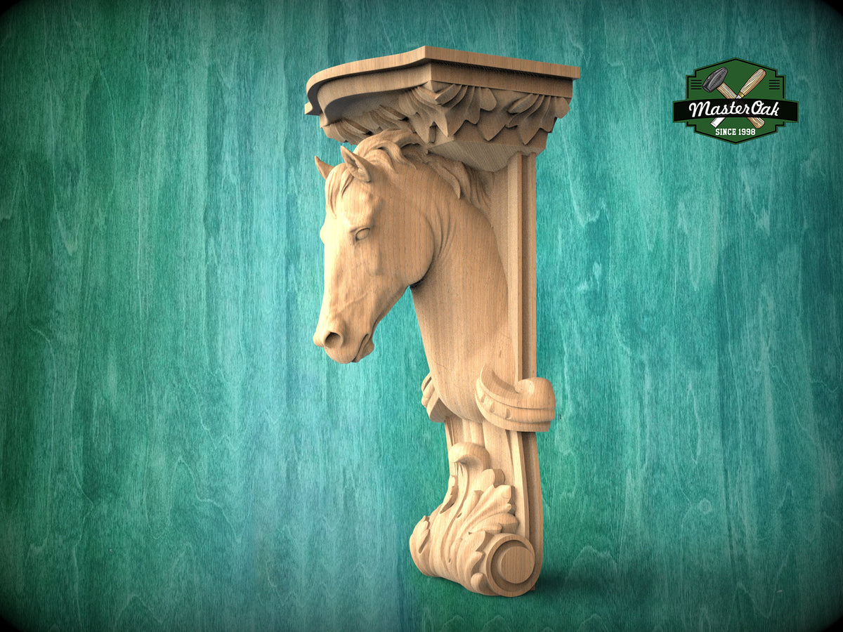 Horse Corbel of Wood, Unpainted, Horse bracket Carved Wooden Corbel, Horse decor Home Wall Embellishments, wood onlays, wood wall art decor