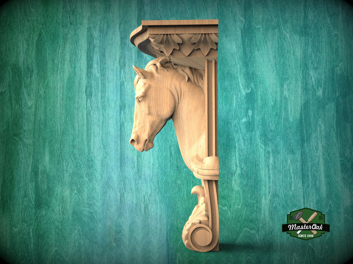 Horse Corbel of Wood, Unpainted, Horse bracket Carved Wooden Corbel, Horse decor Home Wall Embellishments, wood onlays, wood wall art decor
