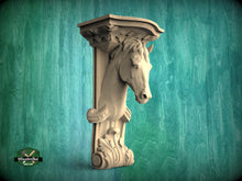 Load image into Gallery viewer, Horse Corbel of Wood, Unpainted, Horse bracket Carved Wooden Corbel, Horse decor Home Wall Embellishments, wood onlays, wood wall art decor

