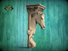 Load image into Gallery viewer, Horse Corbel of Wood, Unpainted, Horse bracket Carved Wooden Corbel, Horse decor Home Wall Embellishments, wood onlays, wood wall art decor
