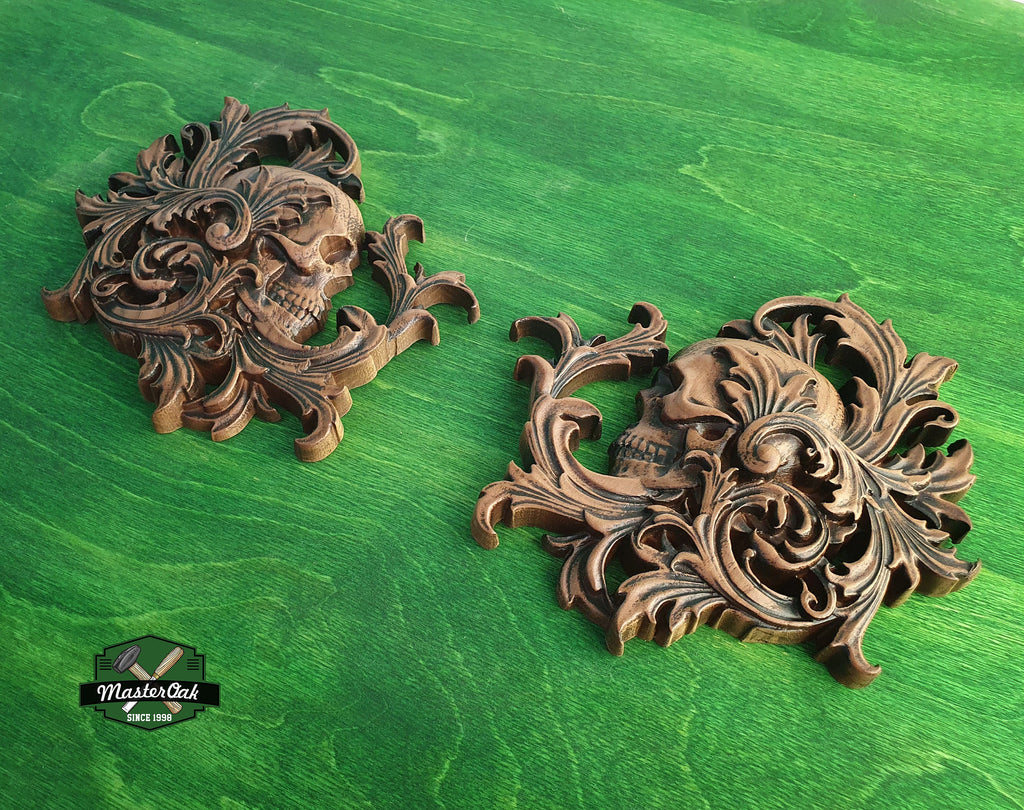 Pair of Skull in leaves carved panel made of wood, wood wall art, carved skull of wood, gift for him, Santa Muerte, Dark Art