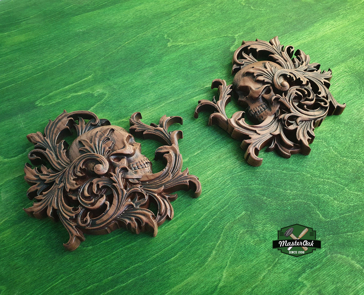 Pair of Skull in leaves carved panel made of wood, wood wall art, carved skull of wood, gift for him, Santa Muerte, Dark Art