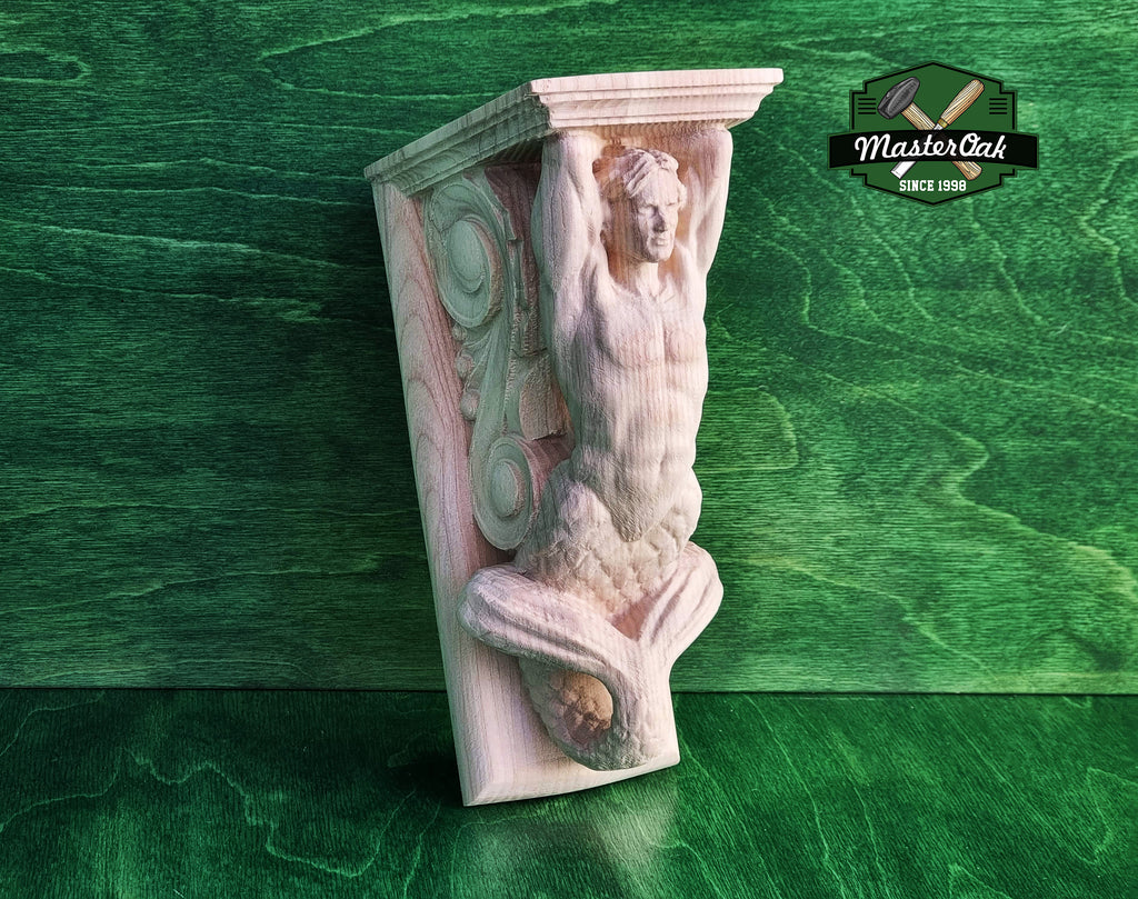 Corbel Merman of wood, Unpainted, Decorative Carved Wooden Corbel, 1pc, Home Wall Embellishments, wood onlays, wood wall art decor
