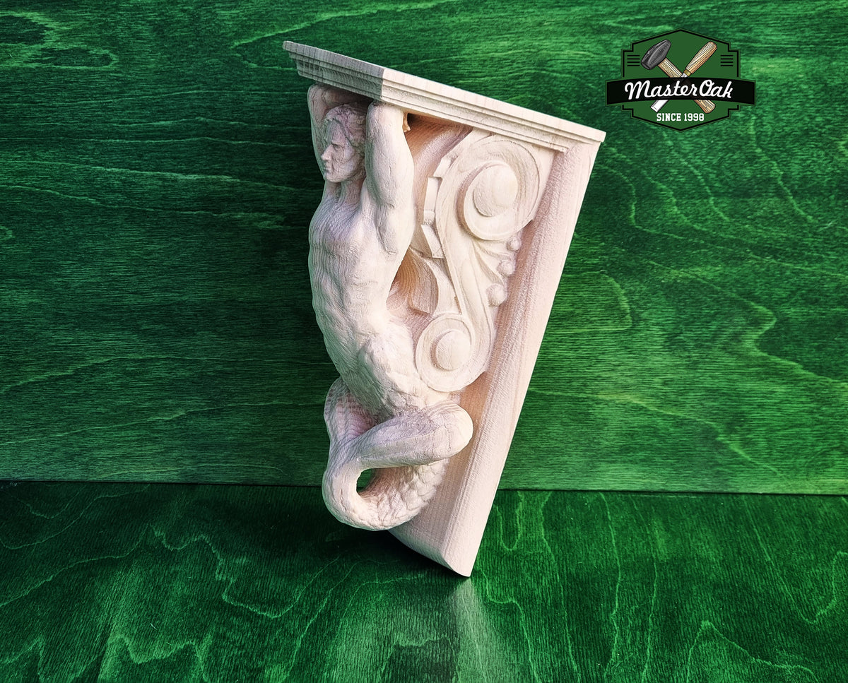 Corbel Merman of wood, Unpainted, Decorative Carved Wooden Corbel, 1pc, Home Wall Embellishments, wood onlays, wood wall art decor