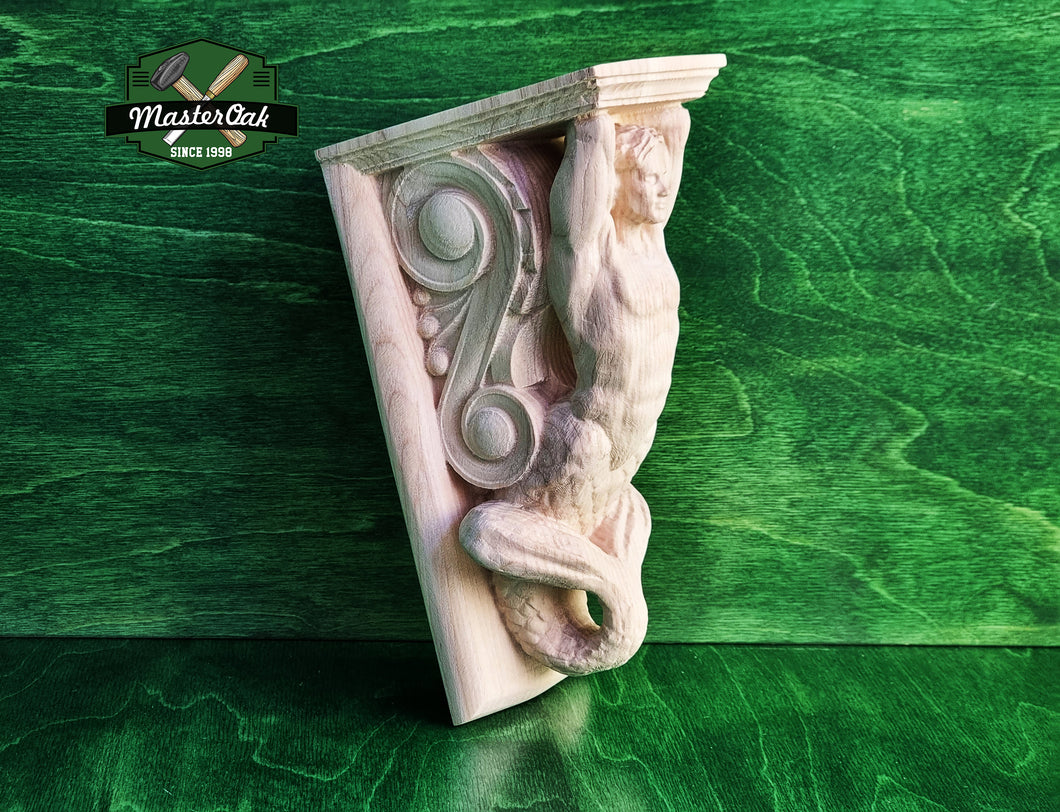 Corbel Merman of wood, Unpainted, Decorative Carved Wooden Corbel, 1pc, Home Wall Embellishments, wood onlays, wood wall art decor