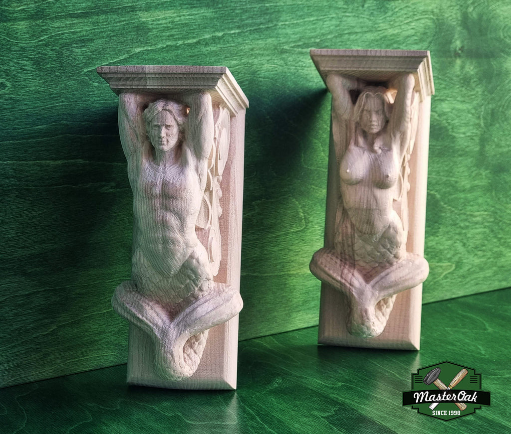 Mermaid and Merman corbels of wood, Unpainted, Decorative Carved Wooden Corbel, 1pc, Home Wall Embellishments, marine theme decor