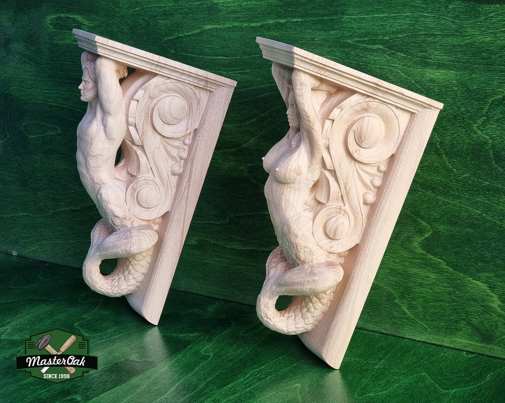Mermaid and Merman corbels of wood, Unpainted, Decorative Carved Wooden Corbel, 1pc, Home Wall Embellishments, marine theme decor