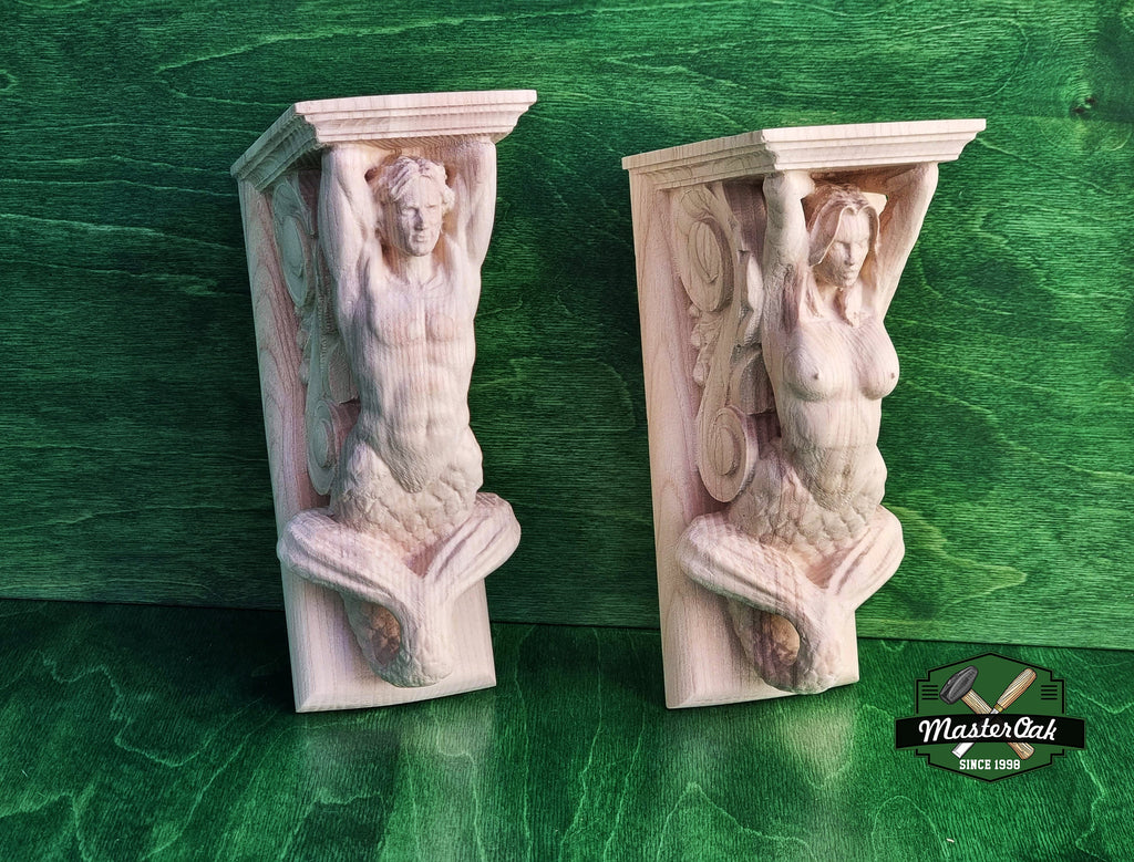 Mermaid and Merman corbels of wood, Unpainted, Decorative Carved Wooden Corbel, 1pc, Home Wall Embellishments, marine theme decor