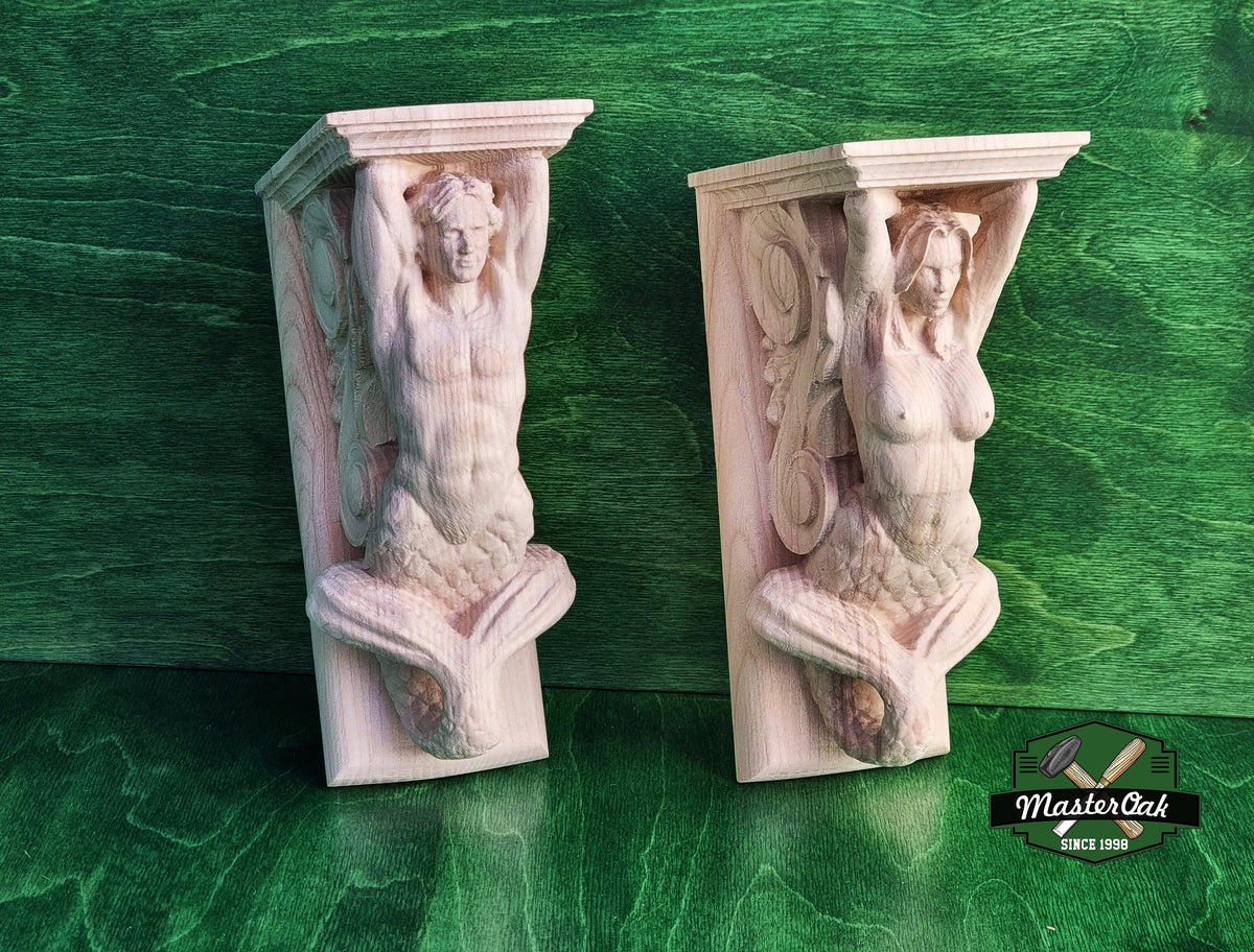 Mermaid and Merman corbels of wood, Unpainted, Decorative Carved Wooden Corbel, 1pc, Home Wall Embellishments, marine theme decor