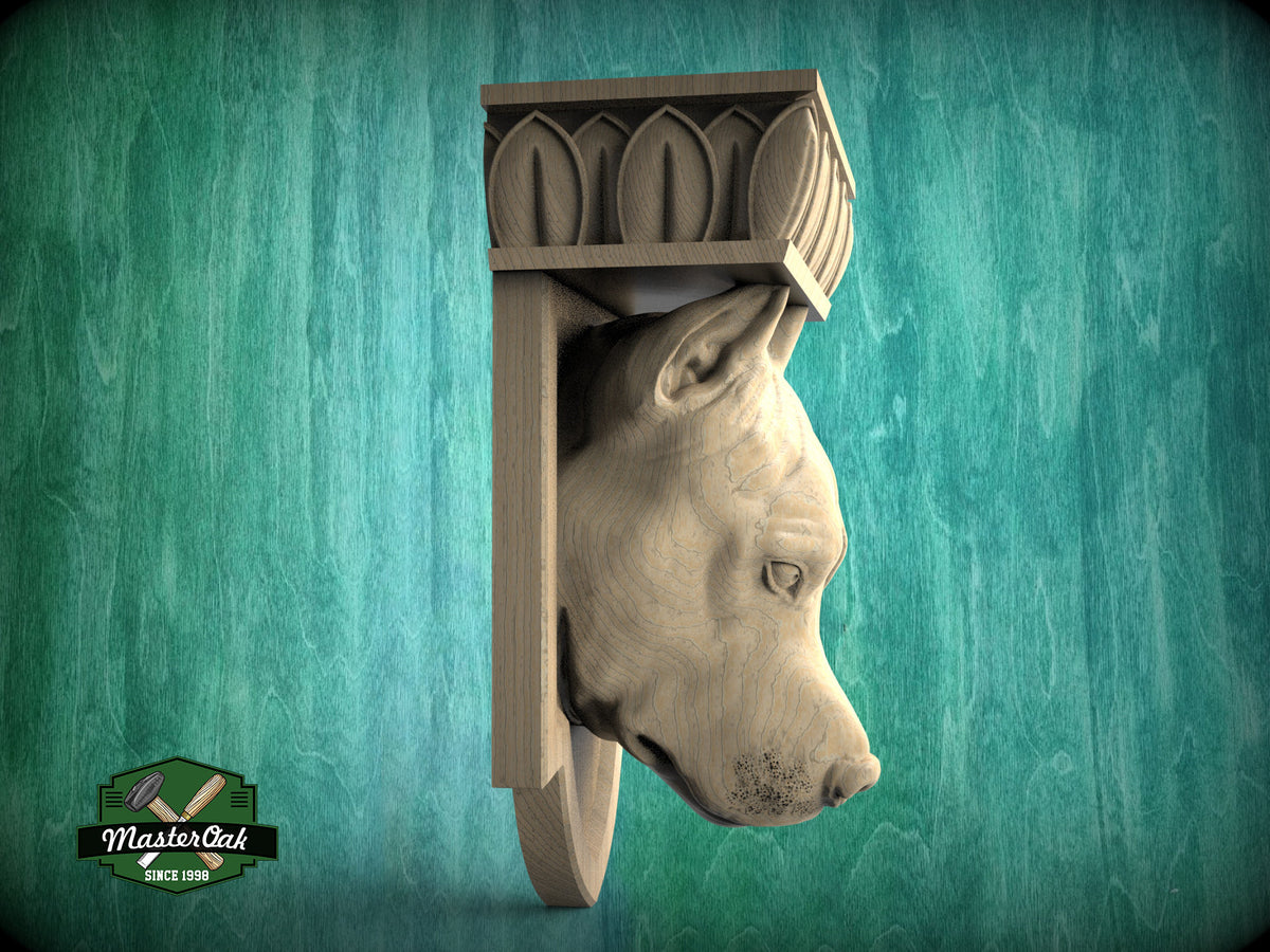 Pitbull Corbel made of wood, Unpainted, Pitbull bust Decorative Carved Wooden Corbel, Home Wall Embellishments