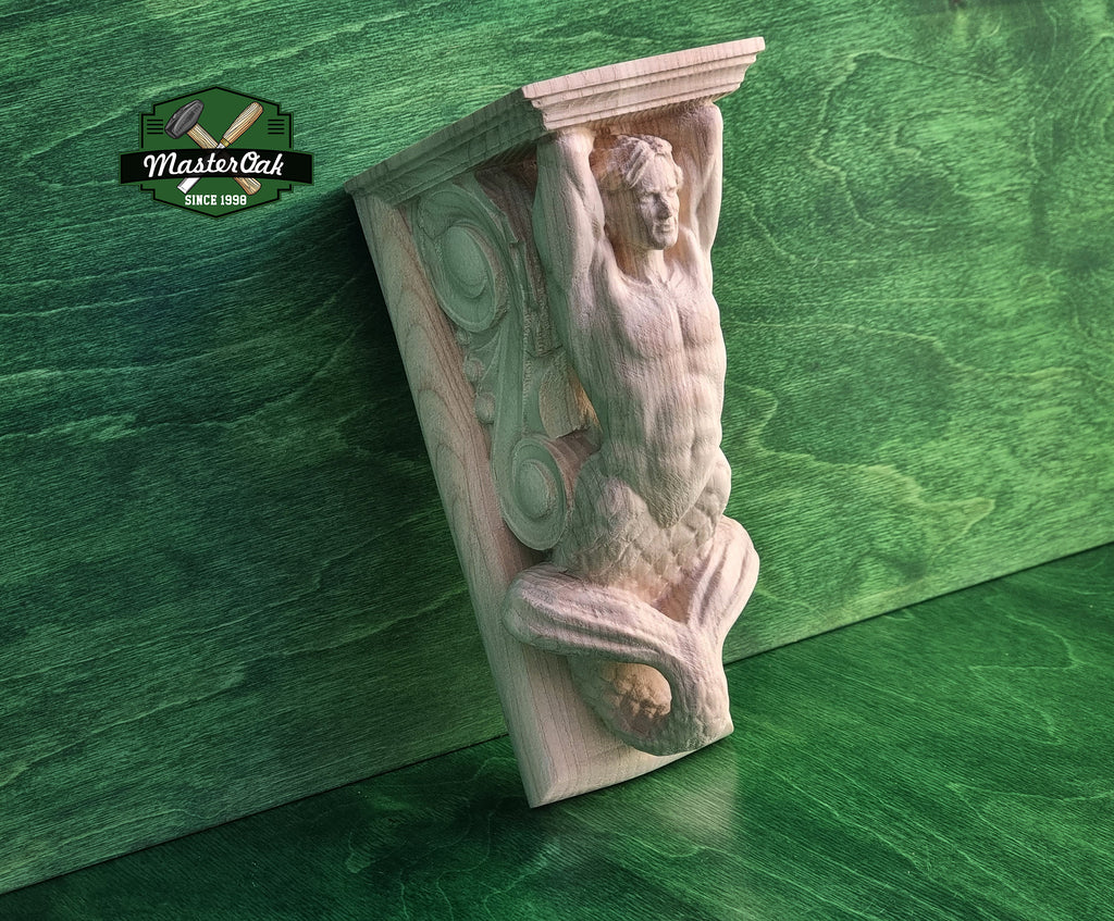 Corbel Merman of wood, Unpainted, Decorative Carved Wooden Corbel, 1pc, Home Wall Embellishments, wood onlays, wood wall art decor
