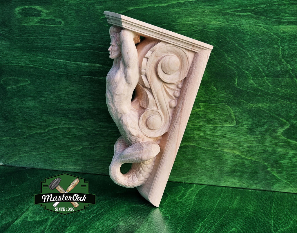 Corbel Merman of wood, Unpainted, Decorative Carved Wooden Corbel, 1pc, Home Wall Embellishments, wood onlays, wood wall art decor
